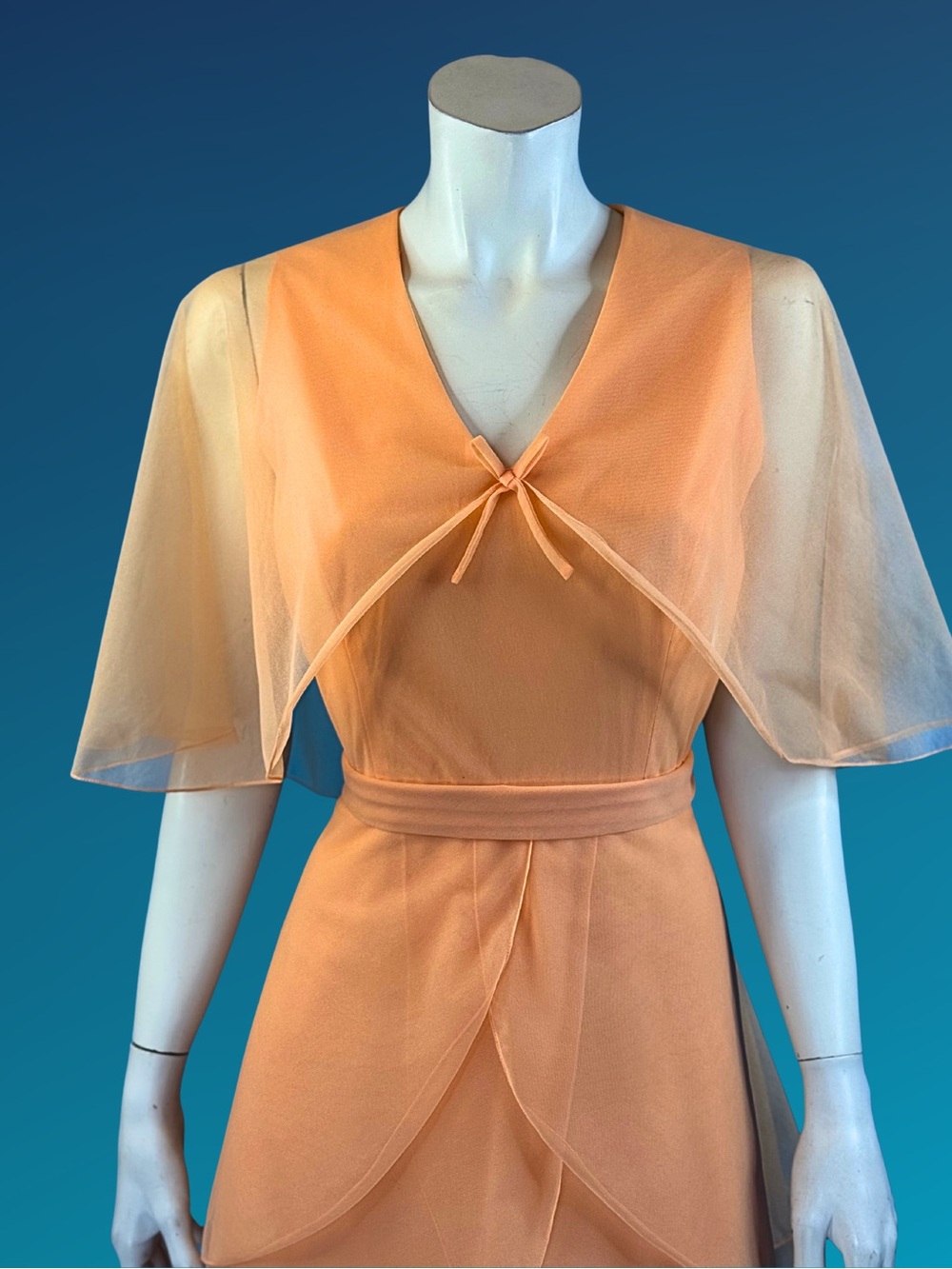 1970s Peach Chiffon Sheer Cape Overlay Tiered Maxi Dress | S